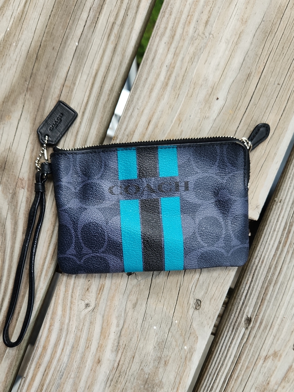 Coach Black Signature Denim Black PVC Wristlet